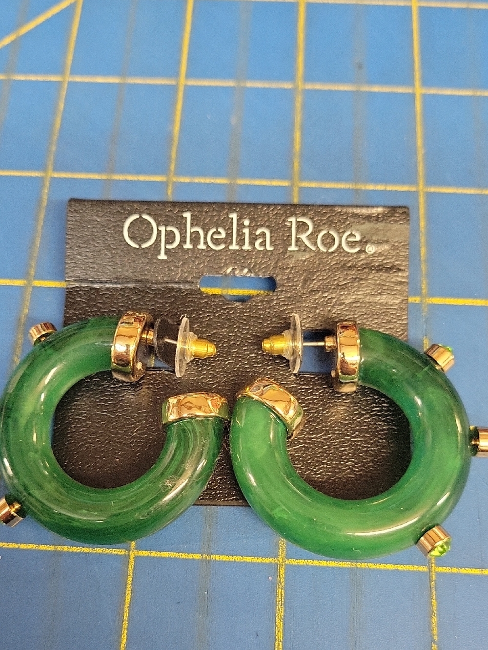 Ophelia Roe Green Hoop 1.5" Earrings Gold Accents NWT